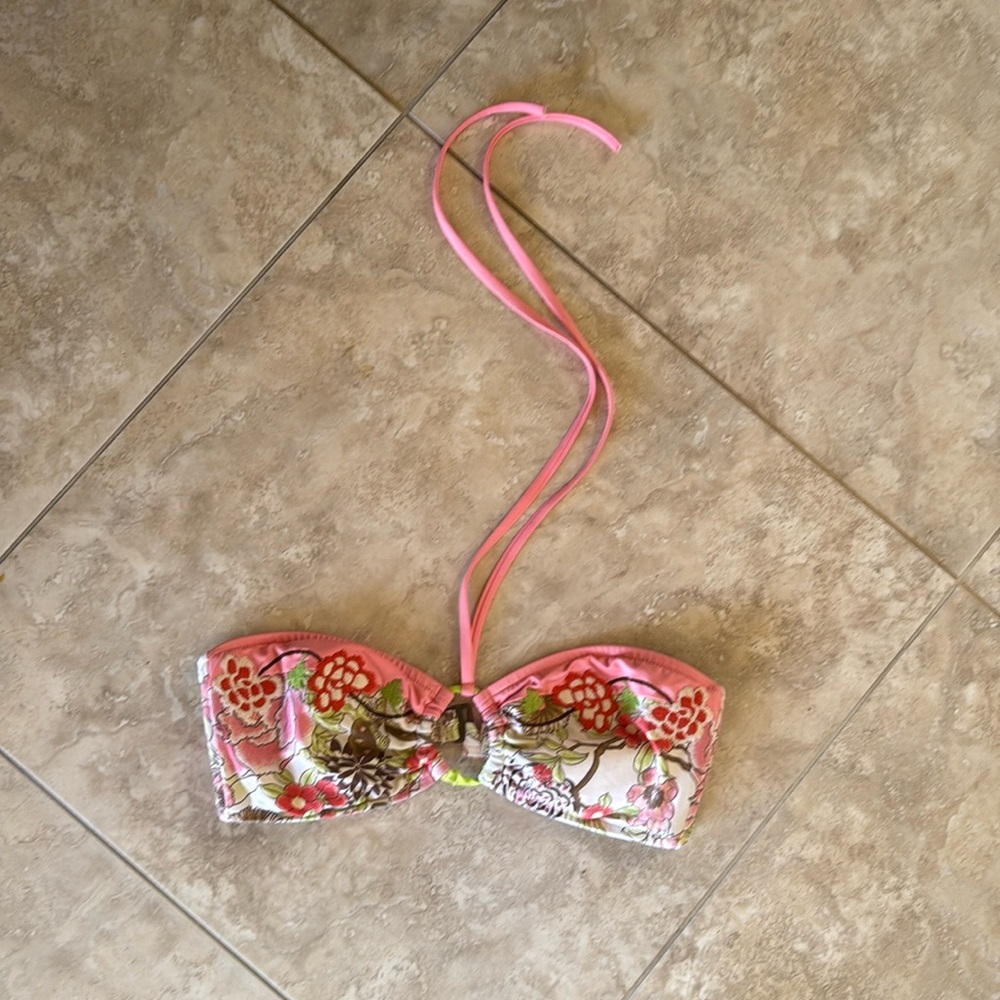 Lucky Brand Keyhole/Tie Pink Flowers Bathing Suit Top, Size Small